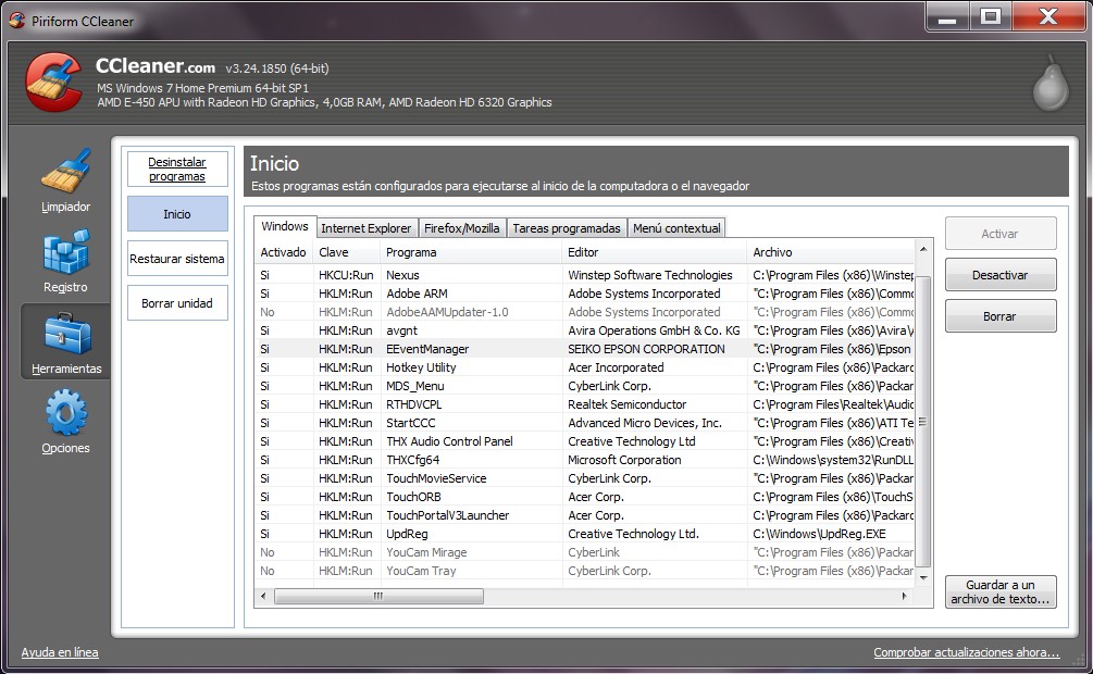 CCleaner, especislista en configurar la lista de programas de inicio de Windows.